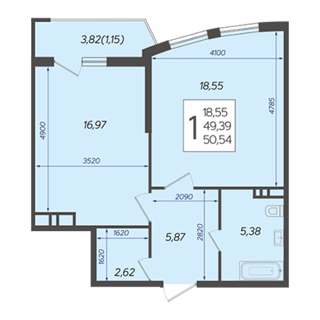 1 комнатная 50.54м²