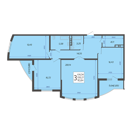 3 комнатная 110.84м²