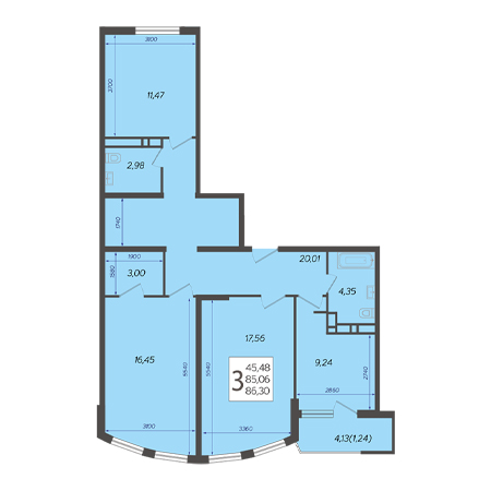 3 комнатная 86.3м²