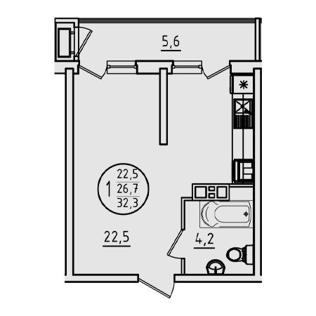 1 комнатная 32.3м²