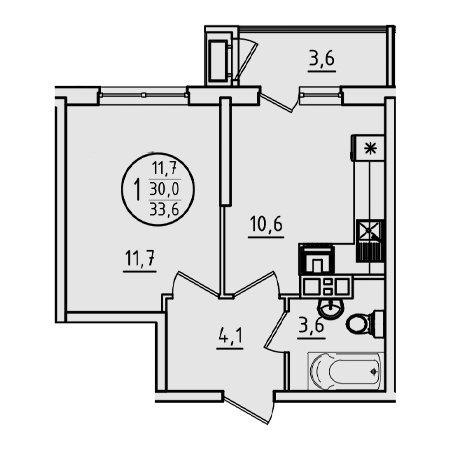 1 комнатная 33.6м²