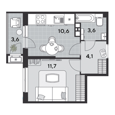 1 комнатная 33.6м²