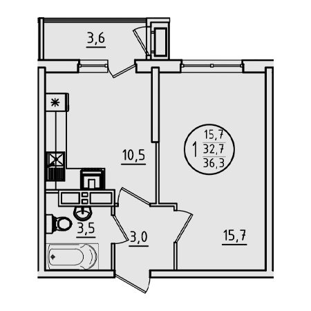 1 комнатная 36.3м²