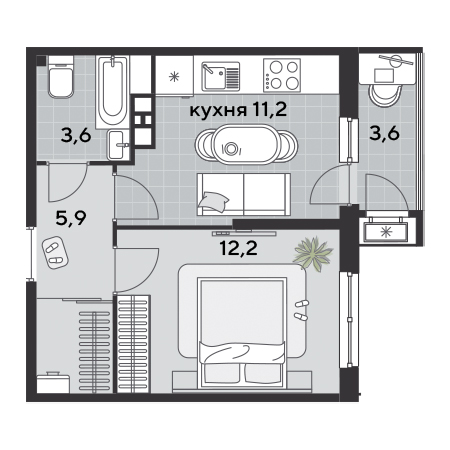 1 комнатная 36.5м²