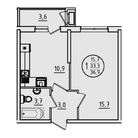 1 комнатная 36.9м²