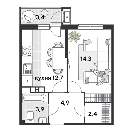 1 комнатная 41.6м²