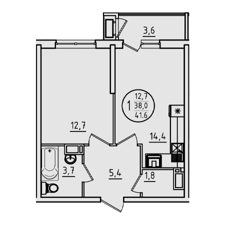 1 комнатная 41.6м²