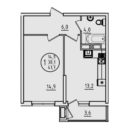 1 комнатная 41.7м²