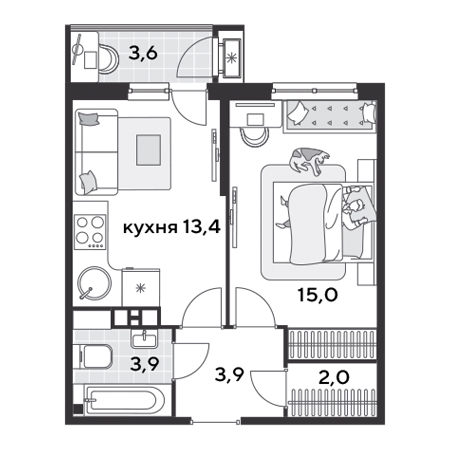 1 комнатная 41.9м²