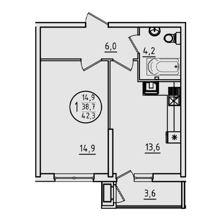 1 комнатная 42.3м²