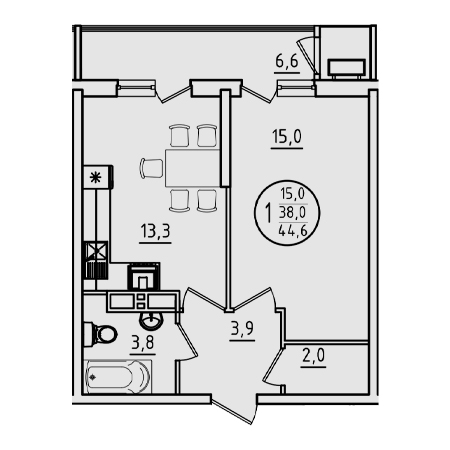 1 комнатная 44.6м²