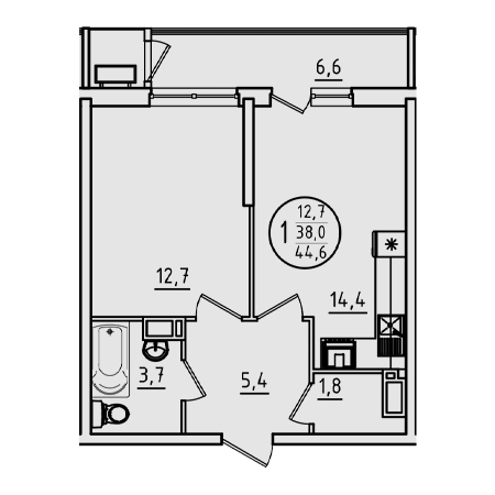 1 комнатная 44.6м²