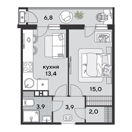 1 комнатная 45м²