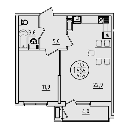 1 комнатная 47.4м²