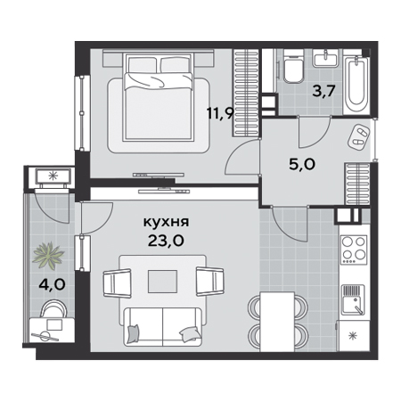 1 комнатная 47.6м²