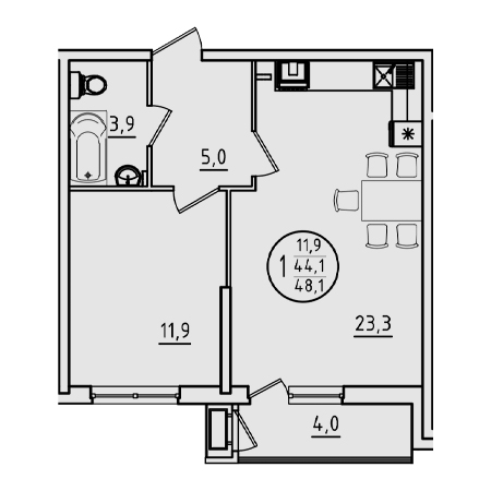 1 комнатная 48.1м²