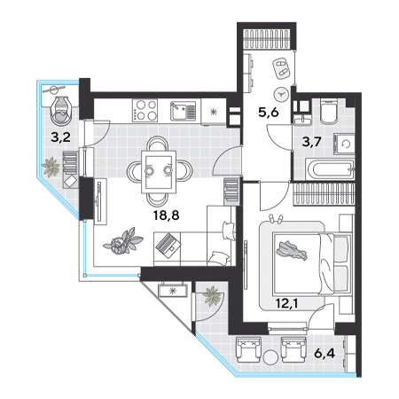 1 комнатная 49.8м²