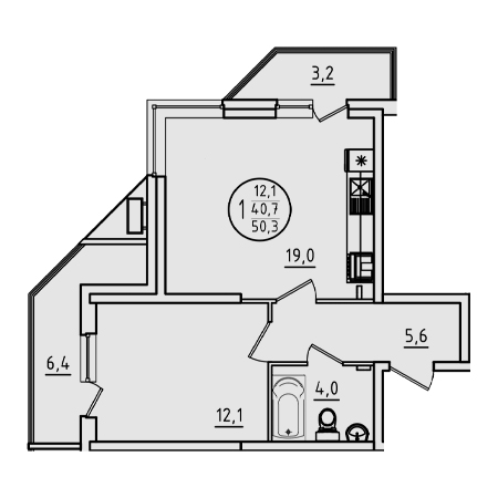 1 комнатная 50.3м²