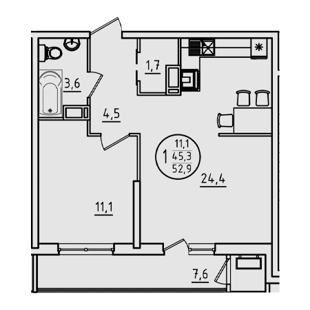 1 комнатная 52.9м²