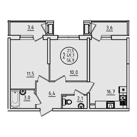 2 комнатная 56.9м²