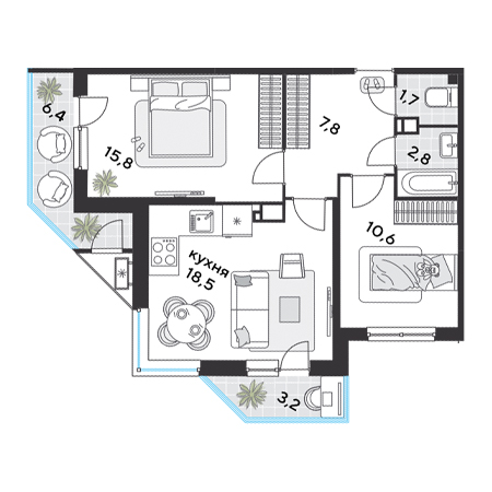 2 комнатная 66.8м²