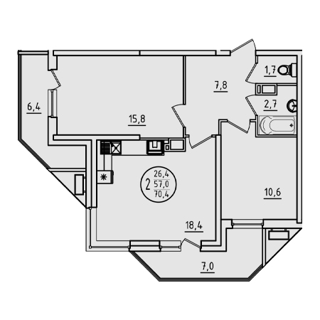 2 комнатная 70.4м²