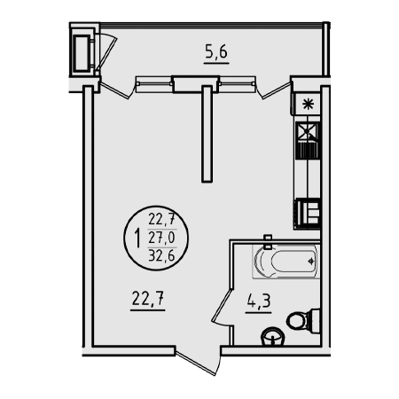 Студия 32.6м²