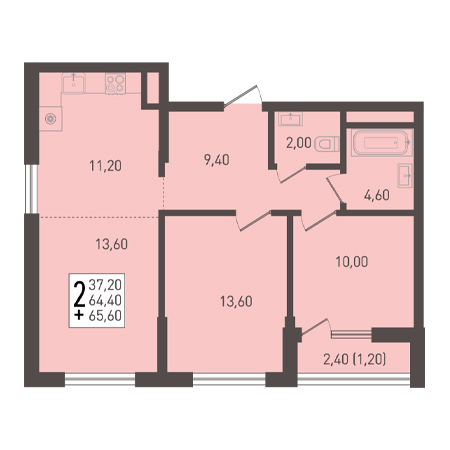 2 комнатная 65.6м²