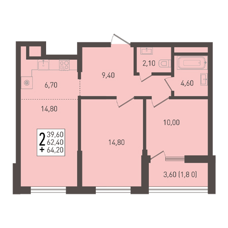 2 комнатная 64.2м²