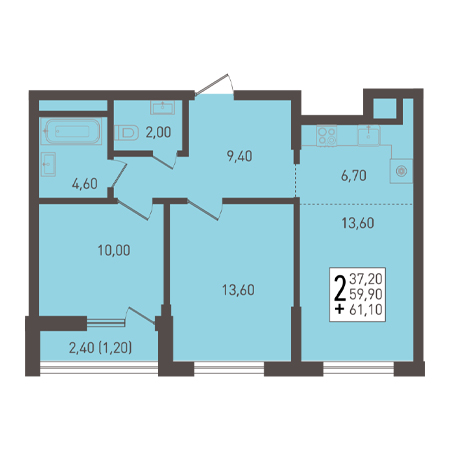 2 комнатная 61.1м²