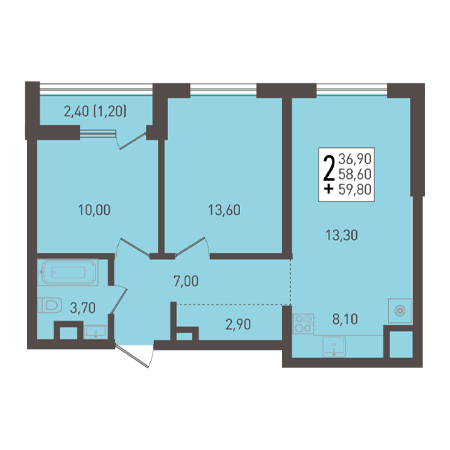 2 комнатная 59.8м²