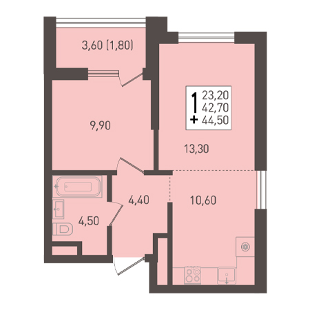 1 комнатная 44.5м²