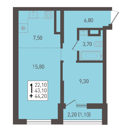 1 комнатная 44.2м²