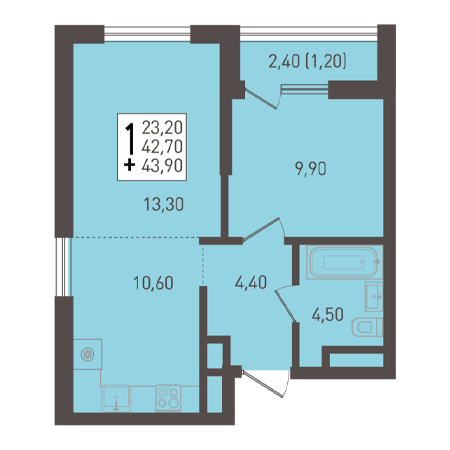 1 комнатная 43.9м²