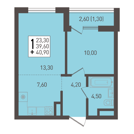 1 комнатная 40.9м²