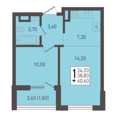 1 комнатная 40.6м²