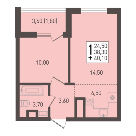 1 комнатная 40.1м²