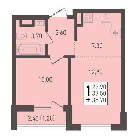 1 комнатная 38.7м²