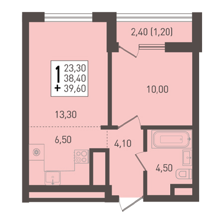 1 комнатная 39.6м²