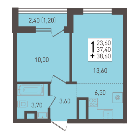 1 комнатная 38.6м²