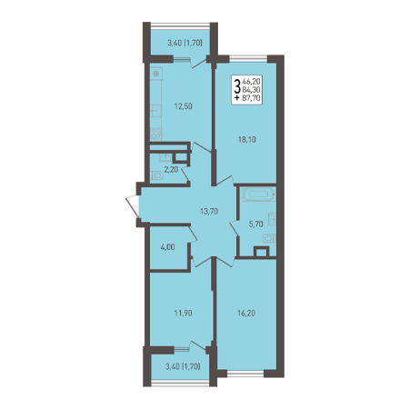 3 комнатная 87.7м²