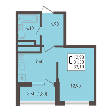 Студия 33.1м²