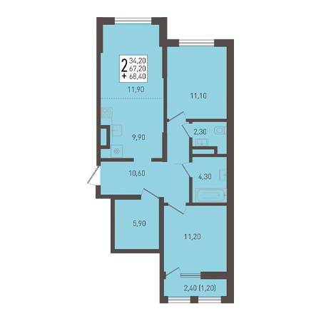 2 комнатная 68.4м²