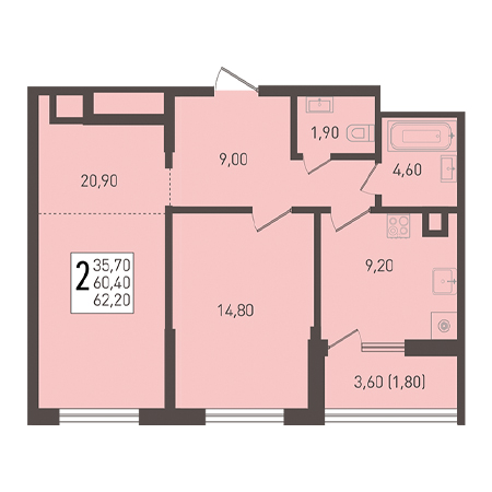 2 комнатная 62.2м²