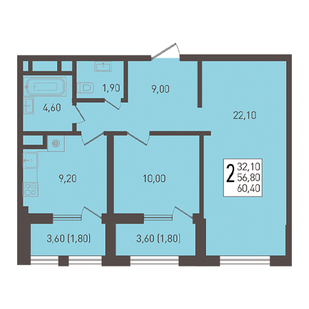 2 комнатная 60.4м²