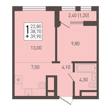 1 комнатная 39.9м²