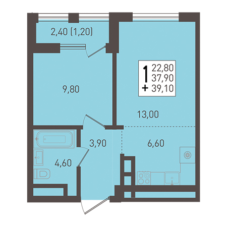 1 комнатная 39.1м²