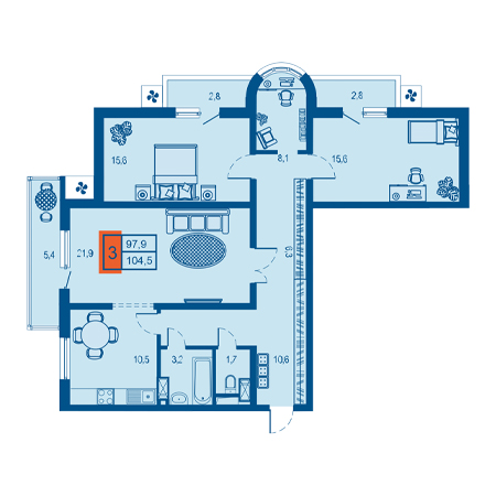 3 комнатная 104.5м²