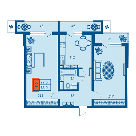 2 комнатная 83.9м²