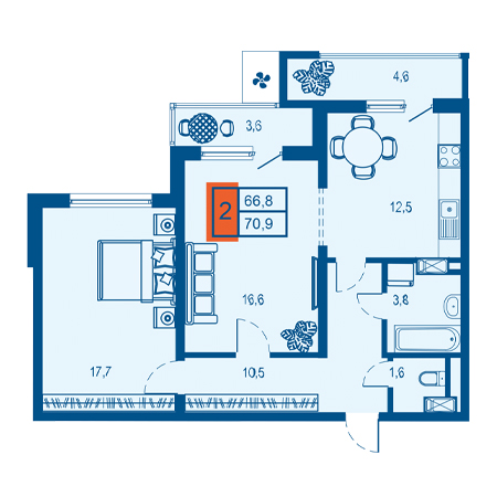 2 комнатная 70.9м²